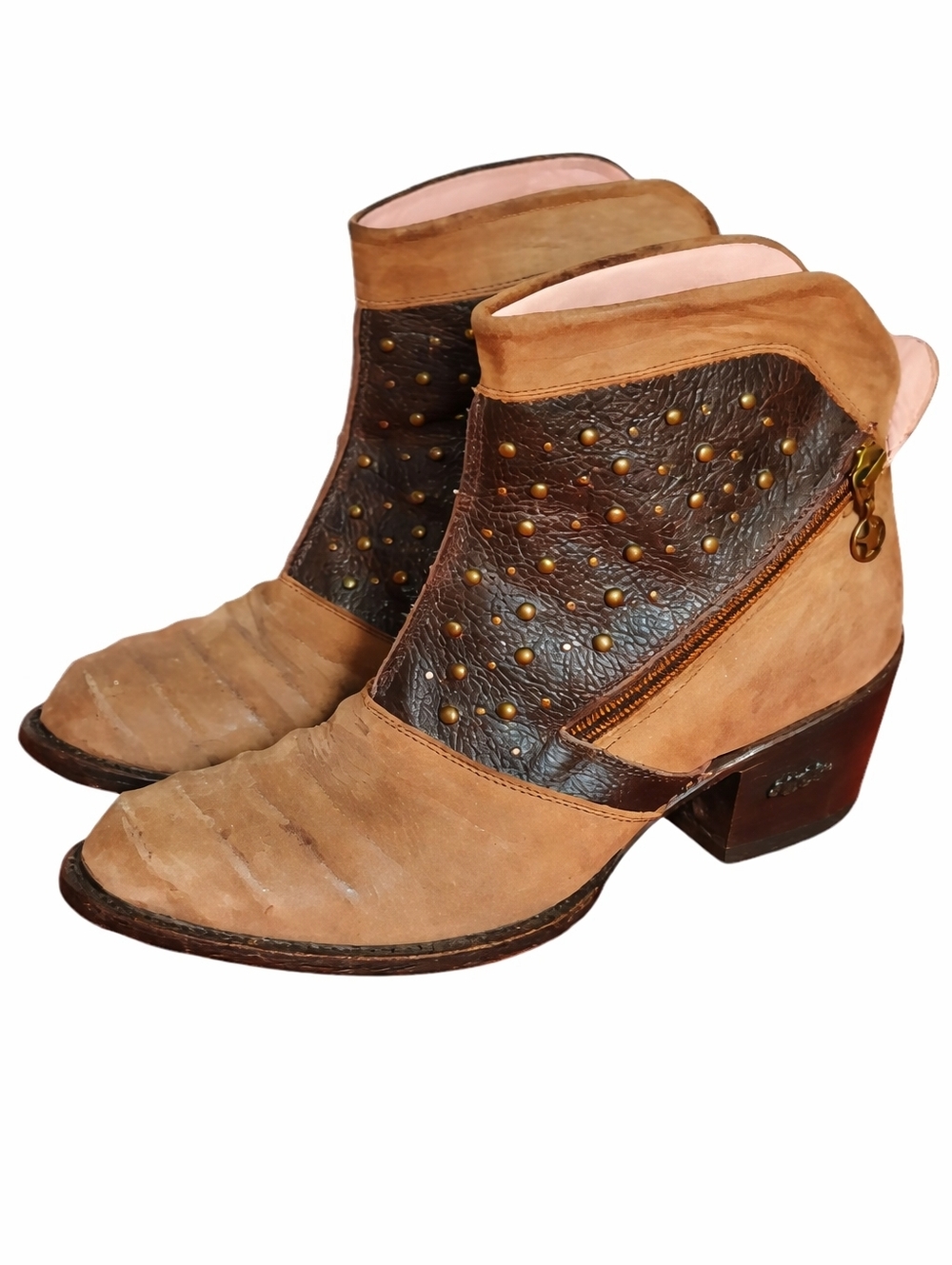 Miss Macie Piper Brown Tan Ribbed Leather Studded Dual Zip Cowgirl Boots